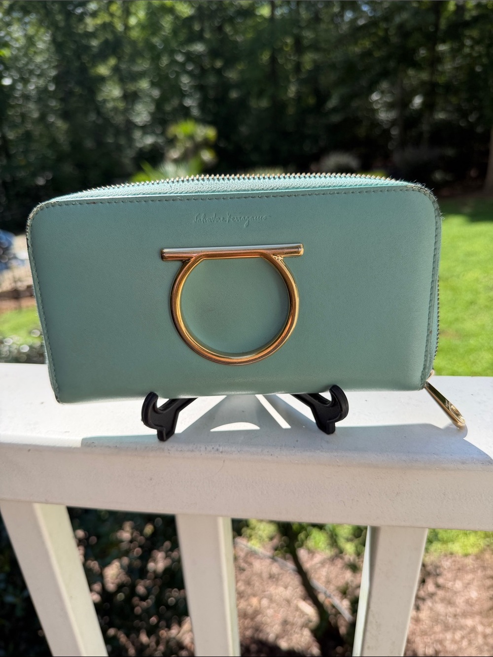 Salvatore Ferragamo Mint Green Leather Zip-Around Wallet with Gold Gancini